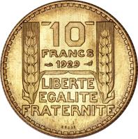 reverse of 10 Francs (1929) coin with KM# E48 from France. Inscription: 10 FRANCS 1929 LIBERTE EGALITE FRATERNITE ESSAI