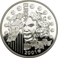 obverse of 6.55957 Francs (2001) coin with KM# 1265 from France. Inscription: € € € € € € € € € € € € EUROPA 2001