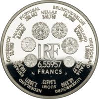 France coin 6.55957 Francs (2001) reverse reverse of 6.55957 Francs (2001) coin with KM# 1265 from France. Inscription: BELGIQUE/BELGIË 40,3399 IRELAND 0.787564 DEUTSCHLAND 1,95583 ITALIA 1936,27 LUXEMBOURG 40,3399 SUOMI 5,64573 NEDERLAND 2,20371 ESPAÑA 166,386 ÖSTERREICH 13,7603 FRANCE 6,55957 P