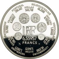 reverse of 6.55957 Francs (2001) coin with KM# 1265 from France. Inscription: BELGIQUE/BELGIË 40,3399 IRELAND 0.787564 DEUTSCHLAND 1,95583 ITALIA 1936,27 LUXEMBOURG 40,3399 SUOMI 5,64573 NEDERLAND 2,20371 ESPAÑA 166,386 ÖSTERREICH 13,7603 FRANCE 6,55957 P