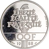 reverse of 100 Francs - Fraternity (1988) coin with KM# 966c from France. Inscription: LIBERTÉ ÉGALITÉ FRATERNITÉ 100F 1988 DURAND-MEGRET