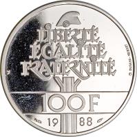 France coin 100 Francs - Fraternity (1988) reverse reverse of 100 Francs - Fraternity (1988) coin with KM# 966c from France. Inscription: LIBERTÉ ÉGALITÉ FRATERNITÉ 100F 1988 DURAND-MEGRET
