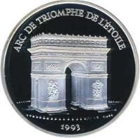 obverse of 100 Francs / 15 ECUs - Arc de Triomphe (1993) coin with KM# 1031 from France. Inscription: ARC DE TRIOMPHE DE L'ETOILE 1993