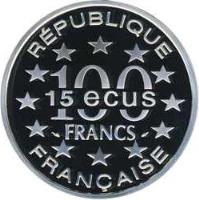 France coin 100 Francs / 15 ECUs - Arc de Triomphe (1993) reverse reverse of 100 Francs / 15 ECUs - Arc de Triomphe (1993) coin with KM# 1031 from France. Inscription: RÉPUBLIQUE 100 FRANCS 15 ecus FRANÇAISE