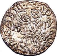 Hungary coin 1 Denar - Matthias Corvinus (1489) reverse reverse of 1 Denar - Matthias Corvinus (1489) coin with EH# 567 from Hungary. Inscription: PATRON VNGARIE