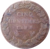 reverse of 5 Centimes (1796 - 1800) coin with KM# 640 from France. Inscription: CINQ CENTIMES L'AN 5. A