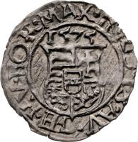obverse of 1 Denar - Maximillian II (1575 - 1578) coin with EH# 767 from Hungary. Inscription: MAX · II · RO · I · S · AV · GE · HV · BO · R · 1577