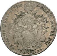reverse of 1 Thaler - Maria Theresa - Madonnenthaler (1767 - 1780) coin with KM# 386 from Hungary. Inscription: S · MARIA · MATER · DEI · PATRONA · HUNG · 1780 · X ·