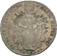 Hungary coin 1 Thaler - Maria Theresa - Madonnenthaler (1767 - 1780) reverse reverse of 1 Thaler - Maria Theresa - Madonnenthaler (1767 - 1780) coin with KM# 386 from Hungary. Inscription: S · MARIA · MATER · DEI · PATRONA · HUNG · 1780 · X ·
