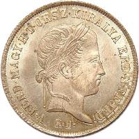 obverse of 20 Krajczár - Ferdinand V - War of Independence Coinage (1848) coin with KM# 432 from Hungary. Inscription: V.FERD.MAGY.H.T.ORSZ.KIRÁLYA.ERD.N.FEJED. K.B