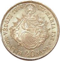 Hungary coin 20 Krajczár - Ferdinand V - War of Independence Coinage (1848) reverse reverse of 20 Krajczár - Ferdinand V - War of Independence Coinage (1848) coin with KM# 432 from Hungary. Inscription: MAGY.OR.VÉDŐJE 1848 SZ.MÁRIA IST. ANNYA