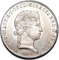 obverse of 10 Krajczár - Ferdinand V (1848) coin with KM# 431 from Hungary. Inscription: V.FERD.MAGY.H.T.ORSZ.KIRÁLYA.ERD.N.FEJED. K.B