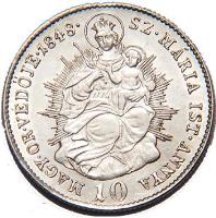 reverse of 10 Krajczár - Ferdinand V (1848) coin with KM# 431 from Hungary. Inscription: MAGY.OR.VÉDŐJE 1848 SZ.MÁRIA IST. ANNYA