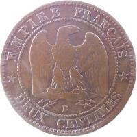 France coin 2 Centimes - Napoleon III (1853 - 1857) reverse reverse of 2 Centimes - Napoleon III (1853 - 1857) coin with KM# 776 from France. Inscription: EMPIRE FRANÇAIS * DEUX CENTIMES *