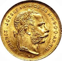 obverse of 20 Francs / 8 Forint - Franz Joseph I (1870 - 1880) coin with KM# 455 from Hungary.