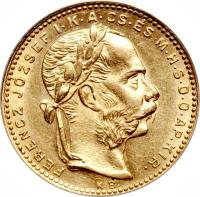 obverse of 20 Francs / 8 Forint - Franz Joseph I (1880 - 1890) coin with KM# 467 from Hungary. Inscription: FERENCZ JOZSEF I .K.A. CS ES MHSDO AP KIR. KB