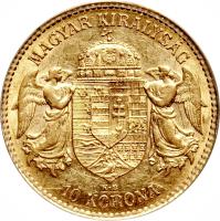 reverse of 10 Korona - Franz Joseph I (1892 - 1915) coin with KM# 485 from Hungary. Inscription: MAGYAR KIRÁLYSÁG 10 KORONA