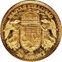 reverse of 20 Korona - Franz Joseph I (1892 - 1915) coin with KM# 486 from Hungary. Inscription: MAGYAR KIRÁLYSÁG KB 20 KORONA
