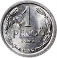 Hungary coin 1 Pengő - Miklós Horthy - Red Army Countermark (1941 - 1944) reverse reverse of 1 Pengő - Miklós Horthy - Red Army Countermark (1941 - 1944) coin with LN# 12d from Hungary. Inscription: 1 PENGŐ BP. 1944