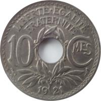 France coin 10 Centimes (1917 - 1938) reverse reverse of 10 Centimes (1917 - 1938) coin with KM# 866a from France. Inscription: LIBERTÉEGALITÉ FRATERNITÉ 10 CMES 1918