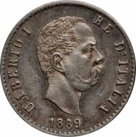 obverse of 50 Centesimi - Umberto I (1889 - 1892) coin with KM# 26 from Italy. Inscription: UMBERTO I RE D'ITALIA 1889