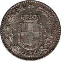reverse of 50 Centesimi - Umberto I (1889 - 1892) coin with KM# 26 from Italy. Inscription: C 50 R