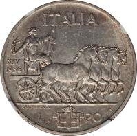 reverse of 20 Lire - Vittorio Emanuele III (1936 - 1941) coin with KM# 81 from Italy. Inscription: ITALIA L20 XIV 1936