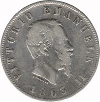 Italy coin 2 Lire - Vittorio Emanuele II (1863) obverse obverse of 2 Lire - Vittorio Emanuele II (1863) coin with KM# 16 from Italy. Inscription: VITTORIO EMMANUELE II FERRARIS 1863