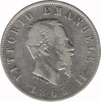 obverse of 2 Lire - Vittorio Emanuele II (1863) coin with KM# 16 from Italy. Inscription: VITTORIO EMMANUELE II FERRARIS 1863