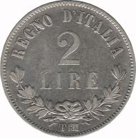 Italy coin 2 Lire - Vittorio Emanuele II (1863) reverse reverse of 2 Lire - Vittorio Emanuele II (1863) coin with KM# 16 from Italy. Inscription: REGNO D'ITALIA 2 LIRE T BN