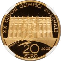 Italy coin 20 Euro - Torino Olympic Games (2005) reverse reverse of 20 Euro - Torino Olympic Games (2005) coin with KM# 267 from Italy. Inscription: XX GIOCHI OLIMPICA INVERNALI UPERNAZZA 2005 20 EURO