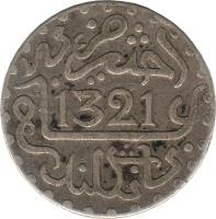 Morocco coin 1 Dirham - Abdelaziz (1903) obverse obverse of 1 Dirham - Abdelaziz (1903) coin with Y# 19 from Morocco. Inscription: 1321