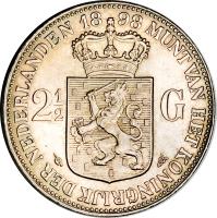 reverse of 2 1/2 Gulden - Wilhelmina (1898) coin with KM# 123 from Netherlands. Inscription: 98 MUNT VAN HET KONINKRIJK DER NEDERLANDEN 18 21/2 G