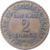 reverse of 2 Francs - Chambres de Commerce (1920 - 1927) coin with KM# 877 from France. Inscription: CHAMBRES · DE · COMMERCE · DE · FRANCE BON POUR 2 FRANCS BR AL