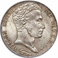 obverse of 3 Gulden - Willem I (1817 - 1832) coin with KM# 49 from Netherlands. Inscription: WILLEM KONING DER NED. G. H. V. L.