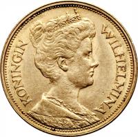 obverse of 5 Gulden - Wilhelmina (1912) coin with KM# 151 from Netherlands. Inscription: KONINGIN WILHELMINA