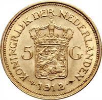 reverse of 5 Gulden - Wilhelmina (1912) coin with KM# 151 from Netherlands. Inscription: KONINGRIJK DER NEDERLANDEN 5 G 1912