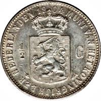 reverse of 1/2 Gulden - Wilhelmina (1898 - 1909) coin with KM# 121 from Netherlands. Inscription: MUNT VAN HET KONINKRIJK DER NEDERLANDEN 1905 1 G 2