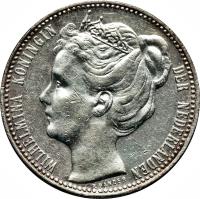obverse of 1 Gulden - Wilhelmina (1898 - 1909) coin with KM# 122 from Netherlands. Inscription: WILHELMINA KONINGIN DER NEDERLANDEN
