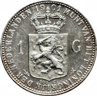 reverse of 1 Gulden - Wilhelmina (1898 - 1909) coin with KM# 122 from Netherlands. Inscription: 98 MUNT VAN HET KONINKRIJK DER NEDERLANDEN 18 100 C. 1904 and later without 100 C (type 2)