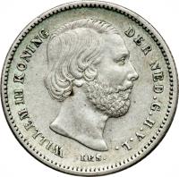 obverse of 25 Cents - Willem III (1849 - 1890) coin with KM# 81 from Netherlands. Inscription: WILLEM III KONING DER NED.G.H.V.L