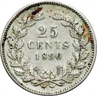 Netherlands coin 25 Cents - Willem III (1849 - 1890) reverse reverse of 25 Cents - Willem III (1849 - 1890) coin with KM# 81 from Netherlands. Inscription: 25 CENTS 1890