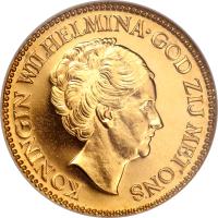 obverse of 10 Gulden - Wilhelmina (1925 - 1933) coin with KM# 162 from Netherlands. Inscription: KONINGIN WILHELMINA · GOD ZIJ MET ONS