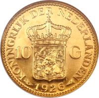 reverse of 10 Gulden - Wilhelmina (1925 - 1933) coin with KM# 162 from Netherlands. Inscription: KONINGRIJK DER NEDERRLANDEN 10 G 1926