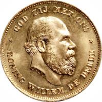 obverse of 10 Gulden - Willem III (1875) coin with KM# 105 from Netherlands. Inscription: GOD ZIJ MET ONS KONING WILLEM DE DERDE JPMM