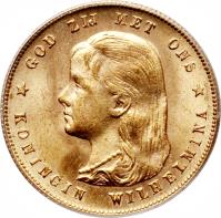 obverse of 10 Gulden - Wilhelmina (1892 - 1897) coin with KM# 118 from Netherlands. Inscription: GOD ZIJ MET ONS KONNINGIN WILHELMINA
