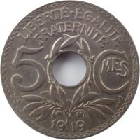 reverse of 5 Centimes (1914 - 1920) coin with KM# 865 from France. Inscription: LIBERTÉÉGALITÉ FRATERNITÉ 5CMES 1920