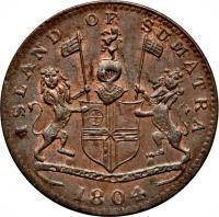 obverse of 1 Keping (1804) coin with KM# Tn1 from Netherlands East Indies. Inscription: ISLAND OF SUMATRA 1804