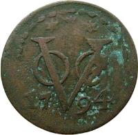 reverse of 1 Duit - Zeeland (1792 - 1794) coin with KM# 159 from Netherlands East Indies. Inscription: VOC 1794