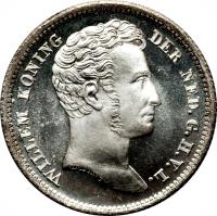 obverse of 1/4 Gulden - Willem I (1826 - 1840) coin with KM# 301 from Netherlands East Indies. Inscription: WILLEM KONING DER NED.G.H.V.L.